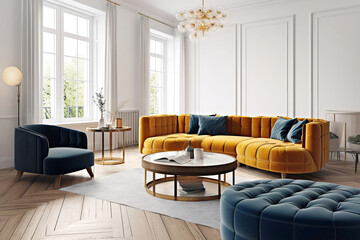Orange tufted sofa and dark blue armchair and pouf. Interior design of modern living room. Created with generative AI
