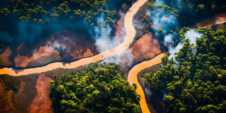 Slash and burn fire clearing in a burning forest for palm oil plantations in the tropical rainforest. deforestation. a contaminated, polluted river.. Generative AI