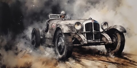 Oldschool racing car, watercolor painting, generative ai