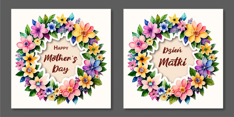 Mother's Day card. Watercolor wreath of flowers. Polish and english version.