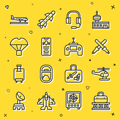 Set line Conveyor belt with suitcase, Helicopter, Marshalling wands, Headphones microphone, Mobile ticket, Box flying parachute, Plane and Drone remote control icon. Vector