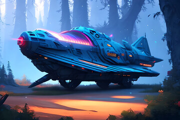 Illustration of a spaceship in a fairytale forest. Sci-Fi Generative AI