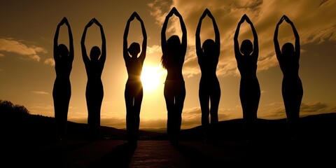 Yoga group session at sunset, generative ai