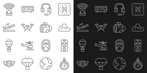 Set line Barometer, Mobile with ticket, Cloud weather, Headphones microphone, Drone flying, Plane takeoff, Router and wi-fi signal and Jet engine turbine icon. Vector