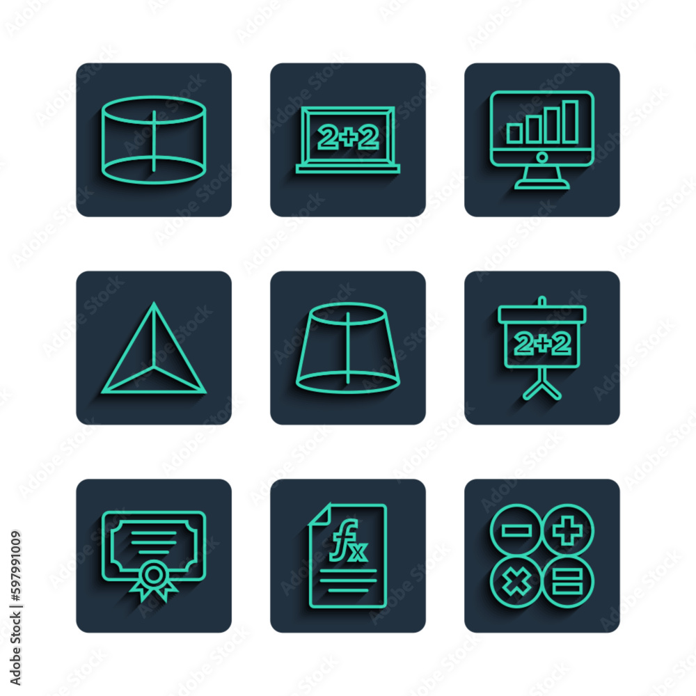 Sticker set line certificate template, function mathematical symbol, calculator, computer monitor with graph