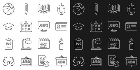 Set line Chalkboard, Fountain pen nib, Online class, Open book, School building, Graduation cap, Basketball ball and Alphabet icon. Vector