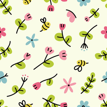 Floral seamless pattern. Tulips, bees and butterflies. Vector illustration.