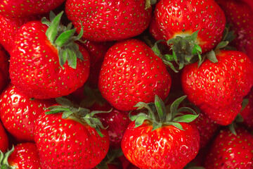 From above closeup of fresh ripe strawberries with green leaves as background representing concept of healthy food