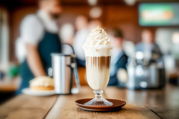 Fototapeta premium Vienna coffee. Coffee with whipped cream on wooden table on blurred cafe interior background. Front view. Generative ai