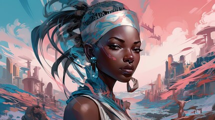 Title: Illustration of a Fantasy woman and abstract art, AI Generated.