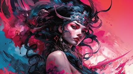 Title: Illustration of a Fantasy woman and abstract art, AI Generated.