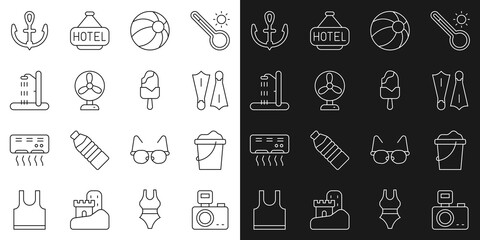 Set line Photo camera with flash, Sand in bucket, Rubber flippers for swimming, Beach ball, Electric fan, shower, Anchor and Ice cream icon. Vector