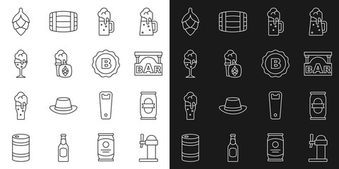 Set line Dispenser beer, Beer can, Street signboard with Bar, Wooden mug, Glass of, Hop and Bottle cap icon. Vector