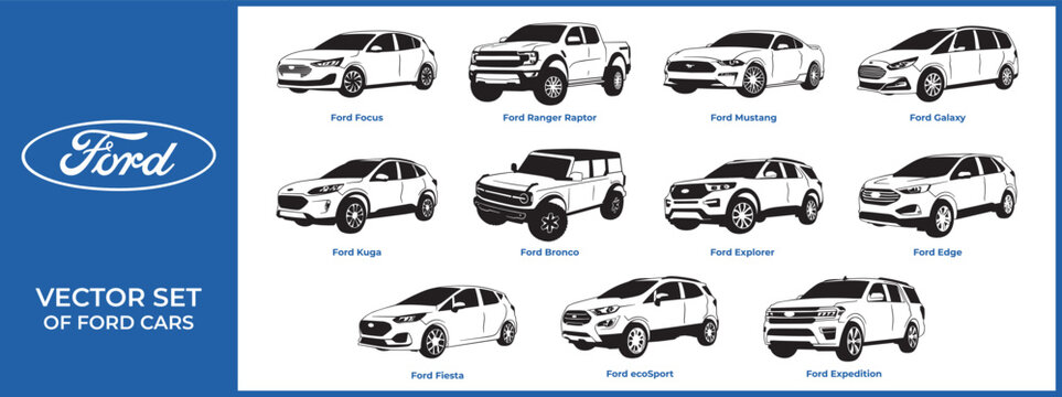 Vector silhouettes, icons of Ford brand cars