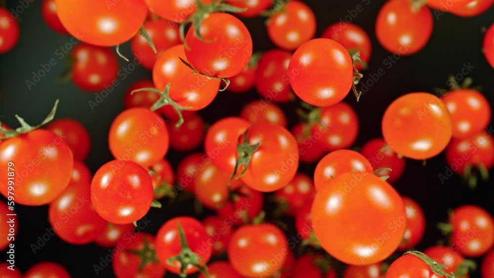 Poster super slow motion of cherry tomatoes flying on black background. filmed on high speed cinema camera,