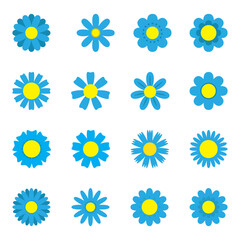 Blue retro flowers set. Colored flat flowers. Hippie stickers in 1970 style. Vector disco flowers isolated on white background