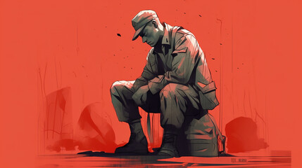 a sad soldier is sitting, war has ended, memorial day artwork, generative ai technology