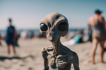 funny alien dude on the beach, created with generative ai - obrazy, fototapety, plakaty