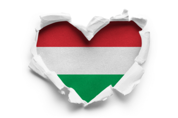 Heart shaped hole torn through paper, showing satin texture of flag of Hungary, cut out