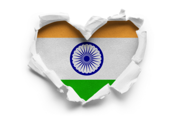 Heart shaped hole torn through paper, showing satin texture of flag of India, cut out