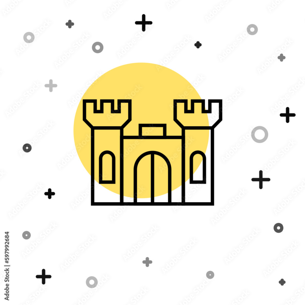 Poster black line castle icon isolated on white background. random dynamic shapes. vector