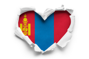Heart shaped hole torn through paper, showing satin texture of flag of Mongolia, cut out