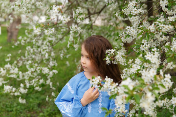 girl in an embroidered shirt in flowering trees, spring, flowering trees in spring, girl in bloom, vyshyvanka

