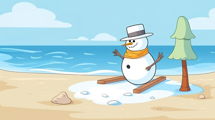 a skiing snowman with wood skiers is melting at the beach, summer is coming, generative ai technology