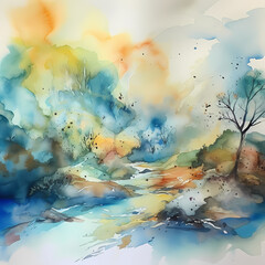 Forest River Watercolor. Generative AI