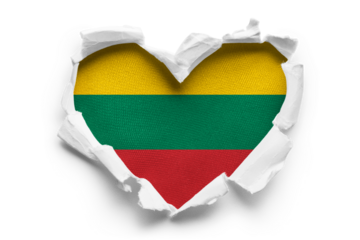 Heart shaped hole torn through paper, showing satin texture of flag of Lithuania, cut out