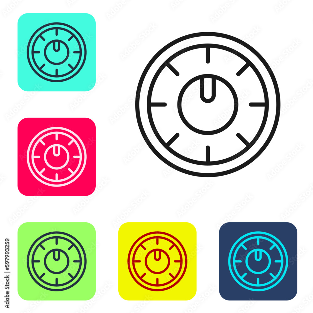 Poster Black line Sound mixer controller icon isolated on white background. Dj equipment slider buttons. Mixing console. Set icons in color square buttons. Vector