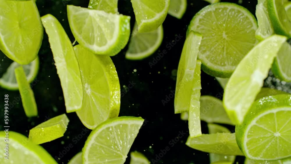 Poster super slow motion of flying lime slices on black background. filmed on high speed cinema camera, 100