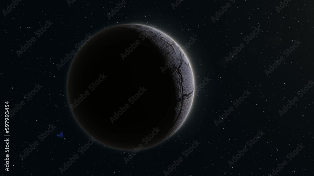 Poster abstract realistic space spinning planet round sphere with a cracked gray surface in space against t