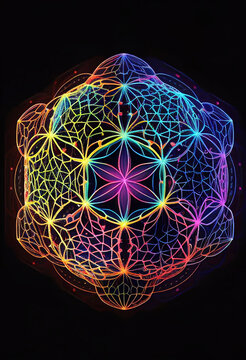 Neon flower of life in the shape of a geometric hexagon. AI Generated