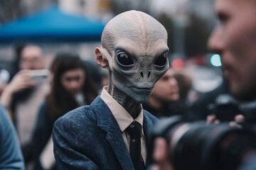 Fototapeta na wymiar extraterrestrial alien dude in a crowded street in a big city, created with generative ai
