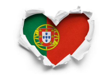 Heart shaped hole torn through paper, showing satin texture of flag of Portugal, cut out