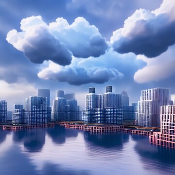 Fantasy city, A city suspended in the clouds, with floating buildings and bridges connecting them, Generative AI