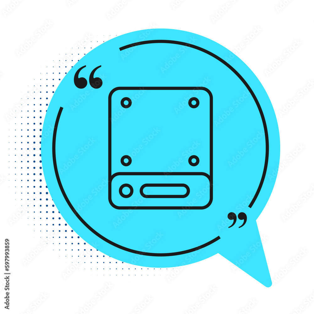 Poster black line server, data, web hosting icon isolated on white background. blue speech bubble symbol. v