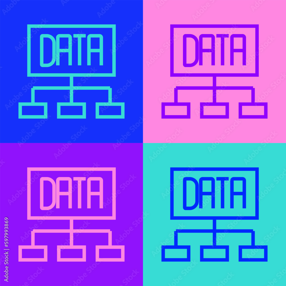 Poster Pop art line Data analysis icon isolated on color background. Business data analysis process, statistics. Charts and diagrams. Vector