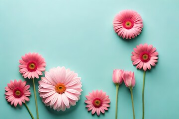 Flat lay pink daisy flowers composition over pastel background with copy space