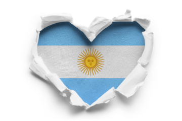 Heart shaped hole torn through paper, showing satin texture of flag of Argentina, cut out