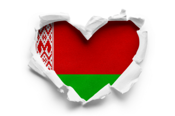 Heart shaped hole torn through paper, showing satin texture of flag of Belarus, cut out