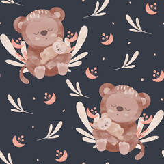 monkey seamless pattern for children's textile, monkey mother and baby pattern with branches and dots
