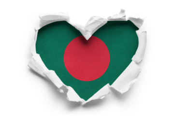 Heart shaped hole torn through paper, showing satin texture of flag of Bangladesh, cut out