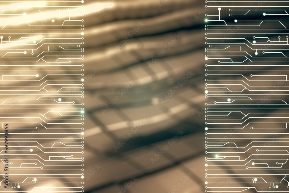 Aufkleber double exposure of abstract virtual circuit hologram on blurry metal background. research and develo