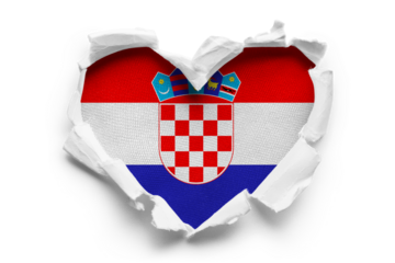 Heart shaped hole torn through paper, showing satin texture of flag of Croatia, cut out
