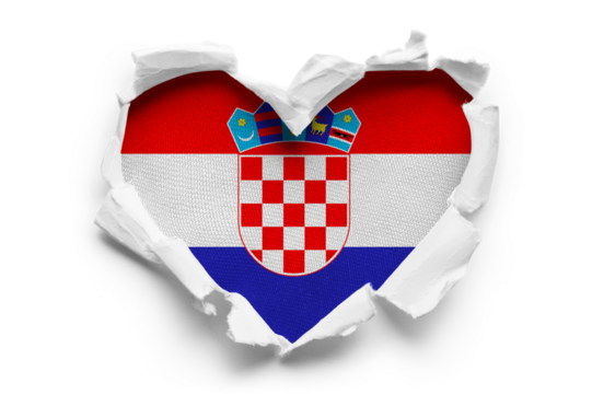Heart shaped hole torn through paper, showing satin texture of flag of Croatia, cut out