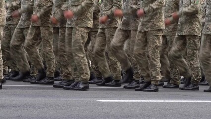 Military men marching in the parade. Soldiers legs. Boots forces and infantry soldier. Army march. Defender team. Crowd man go. Armed forces walking in a row. Pixel uniform. War background.