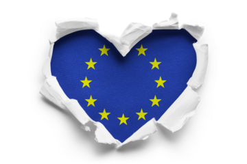Heart shaped hole torn through paper, showing satin texture of flag of European Union, cut out