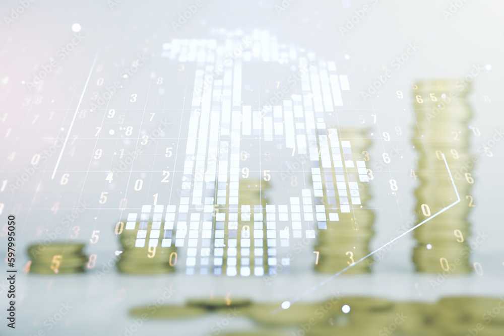 Poster double exposure of creative bitcoin symbol hologram on growing coins stacks background. mining and b